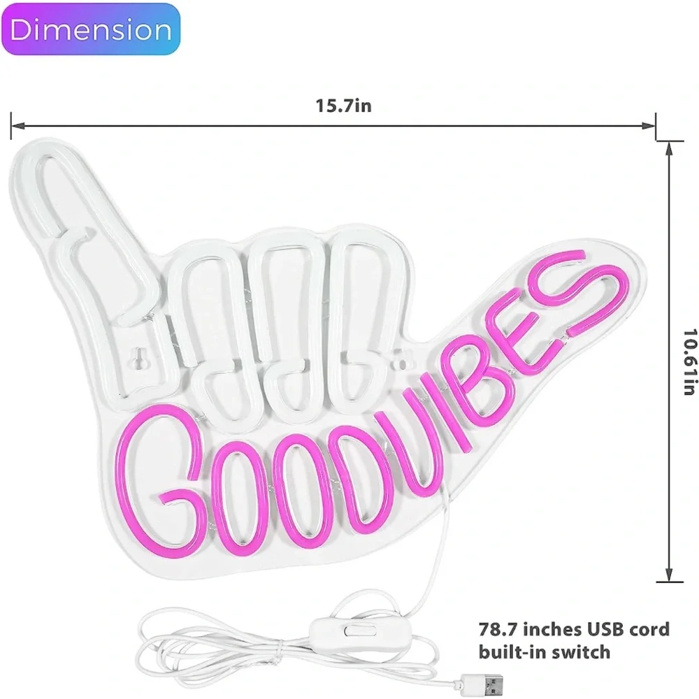 Neon Sign Good Vibes Pink White Hippie Retro 90s Party Birthday Room Light Decor